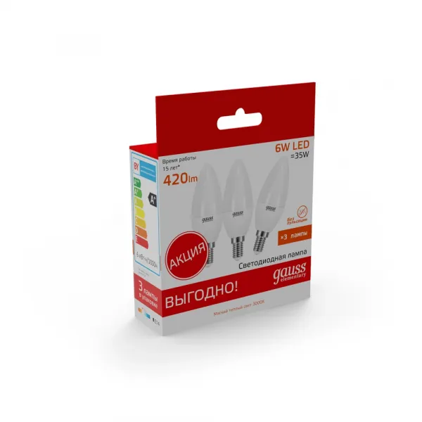 Комплект светодиодных ламп (3шт) Gauss ELEMENTARY CANDLE Свеча 6W 420lm 3000K E14 33116T GAUSS 33116T_GAUSS